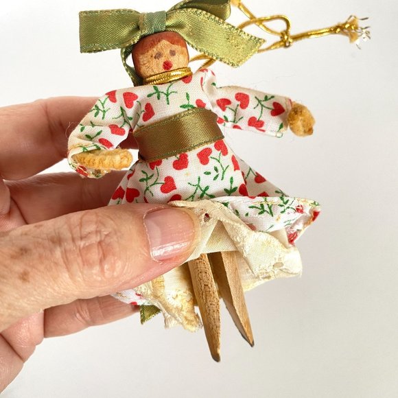 Handmade Cinnamon Angel Clothespin Girl Fabric Lace Christmas Ornaments Set of 2 - Picture 7 of 10